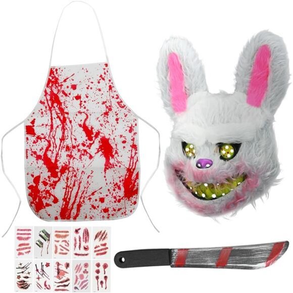 Men's Halloween Butcher Costume Set Scary Bear Mask Cooking Apron Prop - Picture 1 of 6